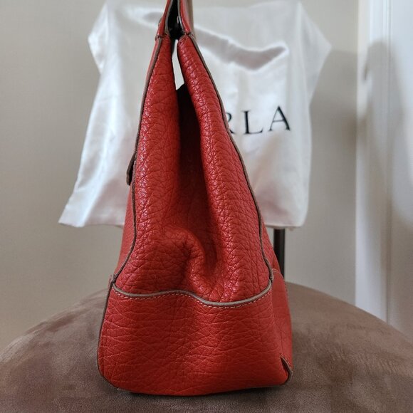 FURLA MY PIPER PEBBLED LEATHER LARGE TOP HANDLE BAG ORANGE GENTLY USED LIKE NEW - Picture 5 of 12